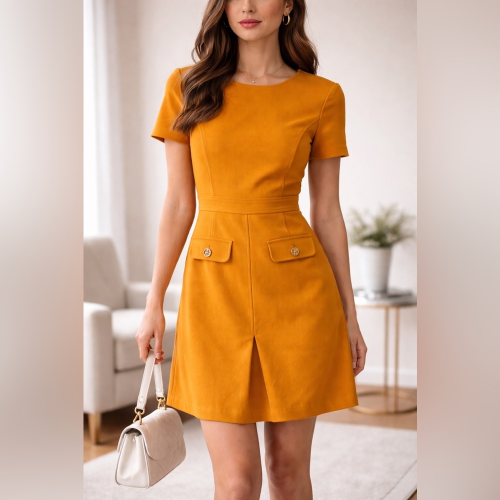 Tommy Hilfiger Yellow Sheath Dress | Gold Button Detail | Classic Preppy Chic